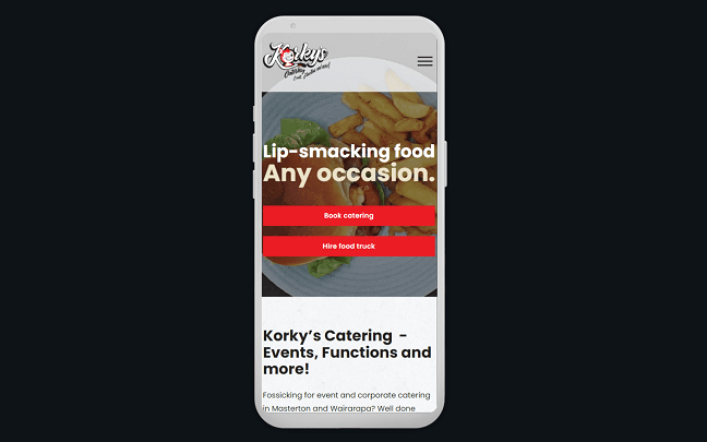 The Korkys Catering website shown on mobile