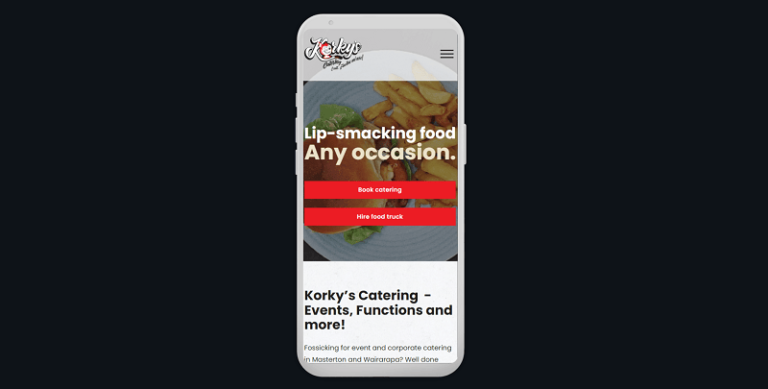 The Korkys Catering website shown on mobile
