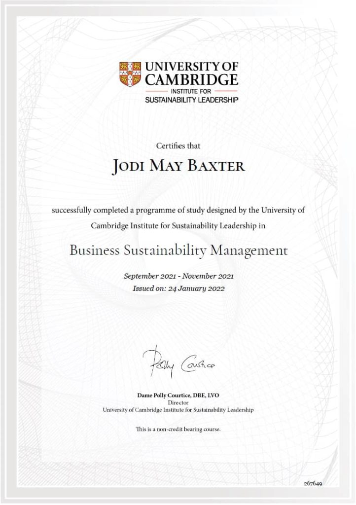 Sustainability Consultant Certificate Cambridge Uni Jodi Baxter Hawkes Bay NZ
